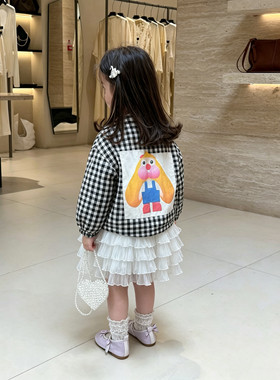 韩系女童格子卡通小兔子外套儿童宽松百搭衬衫儿童网纱半身裙套装