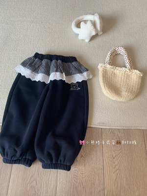 女童加绒裤子秋冬2025女宝格子屁帘裤加绒加厚宽松屁帘裤休闲卫裤