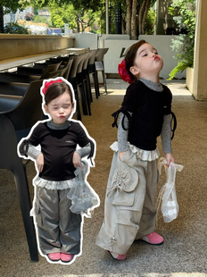 女童假两件长袖T恤秋装2025女孩y2k花边上衣打底衫工装裤叠穿套装