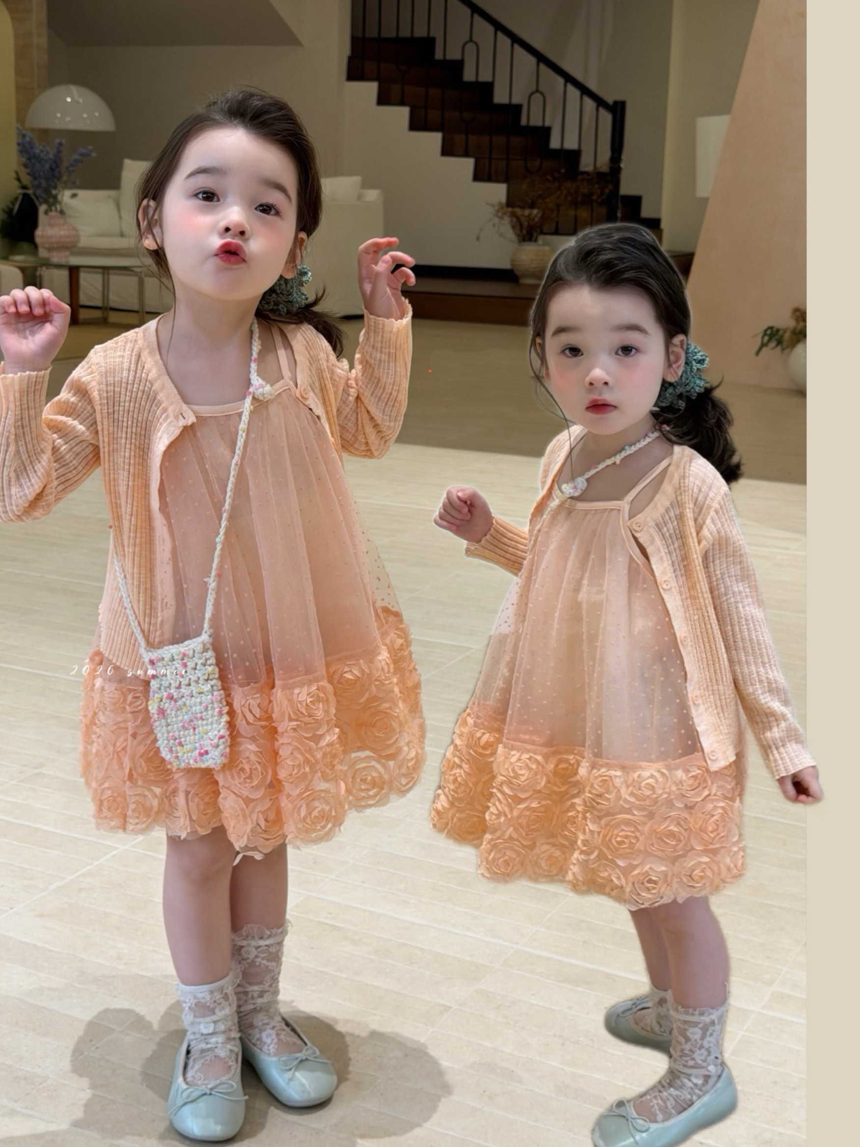 独特超好看女童连衣裙夏装2026女孩防晒针织开衫吊带裙套装两件套