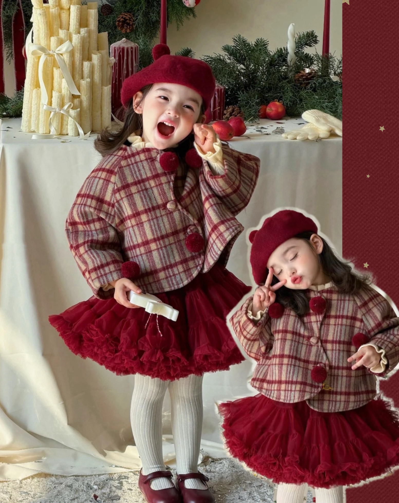 拜年服女童毛呢外套秋冬2025女宝突突裙纱裙红色套装格子呢子大衣