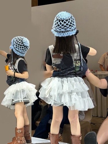 女童辣妹风套装夏装 儿童废土风短袖y2k千禧风穿搭不规则网纱裙裤