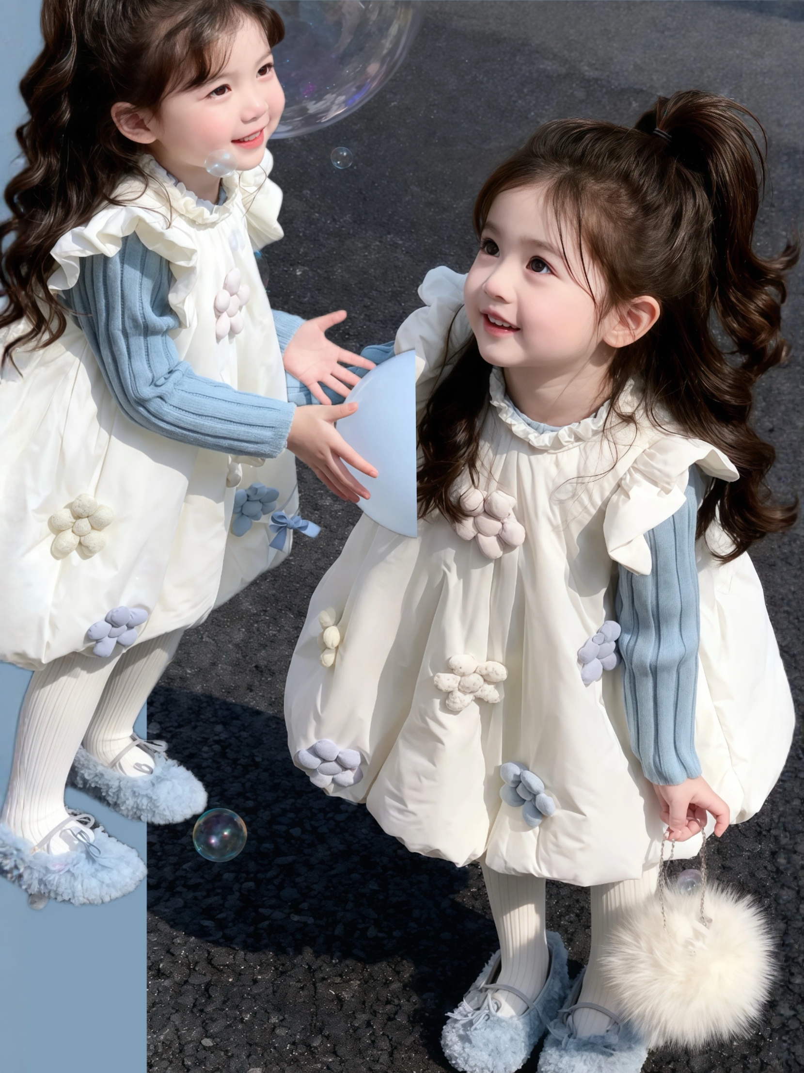 女童花朵连衣裙套装秋冬装2025女宝宝夹棉背心裙花苞裙加绒两件套