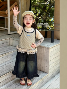 女童叠穿T恤套装秋装2026新儿童长袖花边上衣t真两件套喇叭牛仔裤