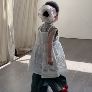 女童刺绣吊带连衣裙夏装2025女宝森系背心裙无袖打底衫叠穿两件套