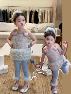 2026夏套装女童超可爱背心儿童爱心花苞吊带上衣T恤+花边打底裤潮