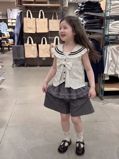T恤 女童夏款 学院风套装 2026女宝翻领短袖 海军风两件套 带屁帘短裤