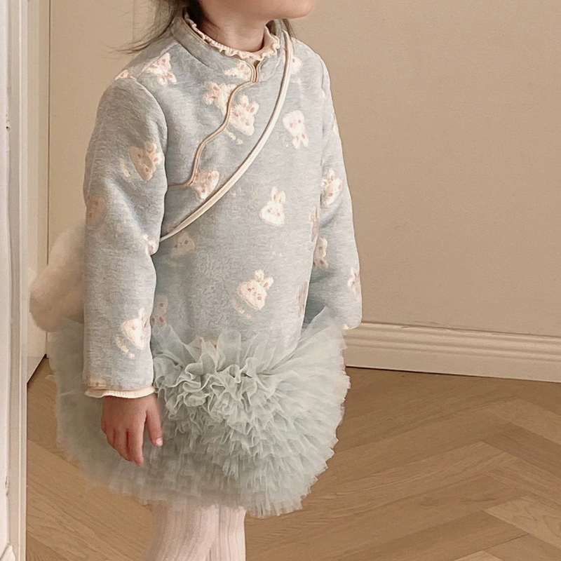 儿童夹棉年服裙秋冬2025女宝小兔子刺绣蓬蓬公主裙加绒加厚棉服裙