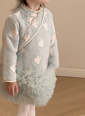 儿童夹棉年服裙秋冬2025女宝小兔子刺绣蓬蓬公主裙加绒加厚棉服裙