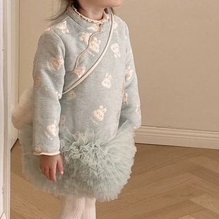 儿童夹棉年服裙秋冬2025女宝小兔子刺绣蓬蓬公主裙加绒加厚棉服裙