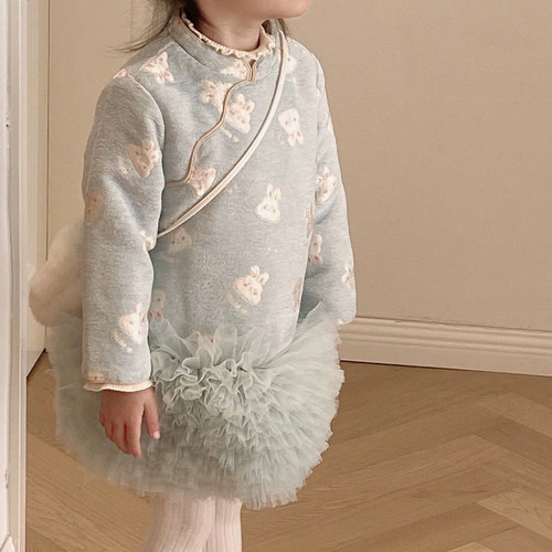 儿童夹棉年服裙秋冬2025女宝小兔子刺绣蓬蓬公主裙加绒加厚棉服裙