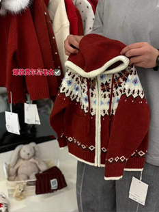 女童费尔岛连帽毛衣加厚冬2025女宝宝复古提花针织衫保暖毛衣开衫