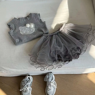 女童背心半裙套装夏装2025女宝宝小飞袖上衣T恤+纱裙裤裙两件套夏