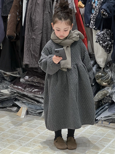 厚外套 女宝宝衍棉加棉棱格裙中长款 儿童棉服连衣裙秋冬装 2025韩版