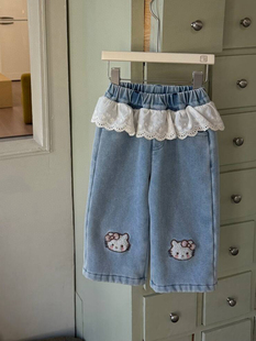 儿童kt猫加绒牛仔裤秋冬装2025女童加厚小女孩直筒裤带花边牛仔裤