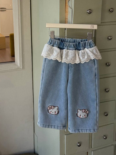 儿童kt猫加绒牛仔裤秋冬装2025女童加厚小女孩直筒裤带花边牛仔裤