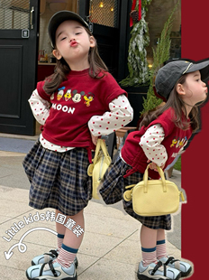 女童假两件米奇t恤春装2026新儿童卡通印花唐老鸭打底衫拼接上衣T