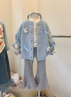 女童kt猫毛衣开衫秋装2025韩女孩立体玩偶hellokitty猫针织衫外套