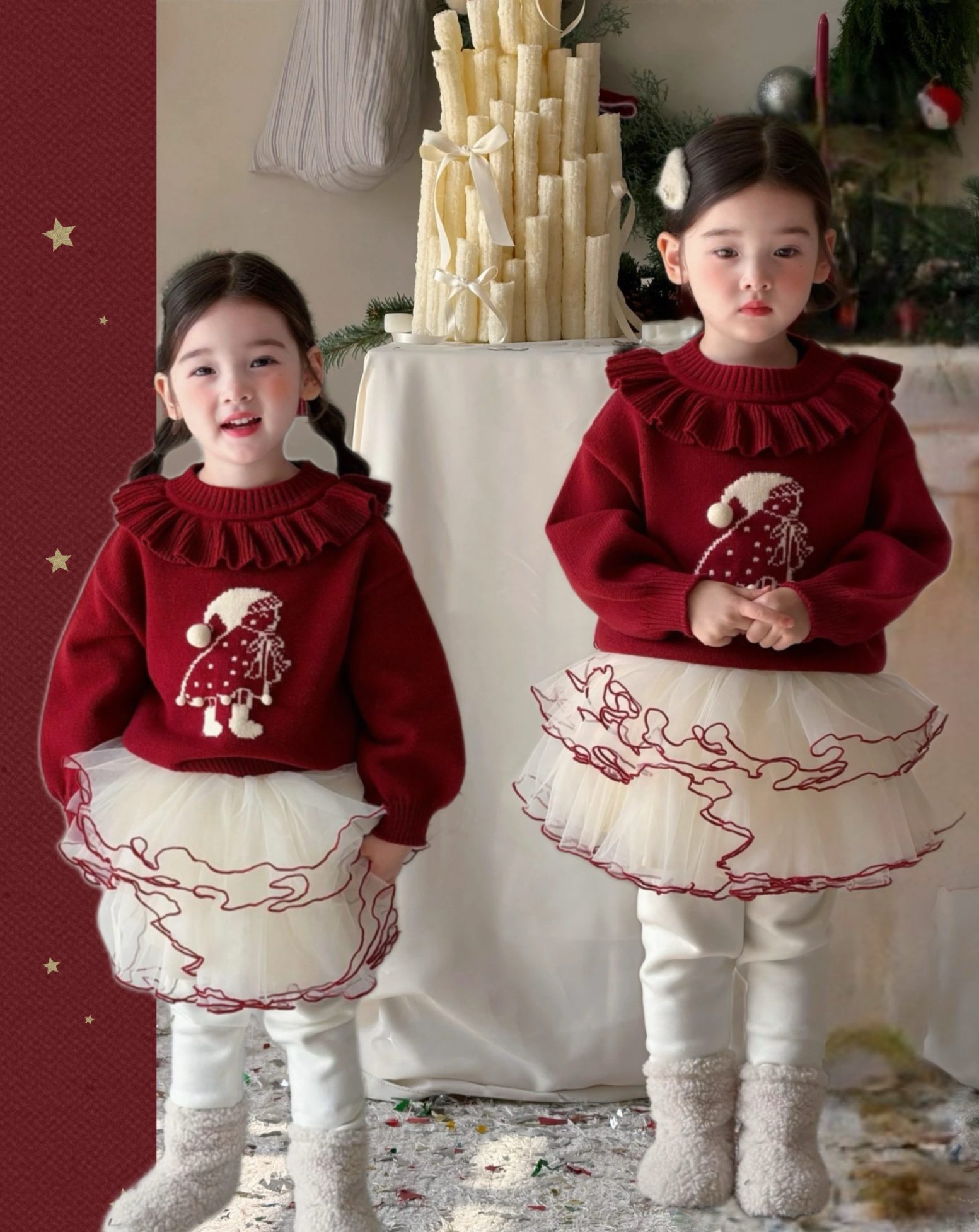 女童红色毛衣套装秋冬装2025女宝娃娃领上衣tutu裙加绒裤裙两件套