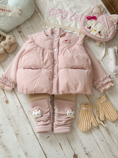 女童kt猫棉马甲套装秋冬2025女宝宝甜美坎肩花边小飞袖kt夹棉背心