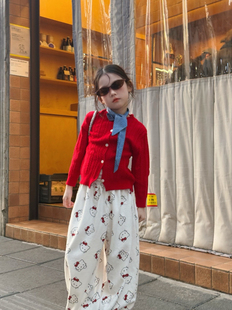 儿童针织毛开衫春秋装2026女童甜美红色毛衣外套kt猫休闲裤套装潮