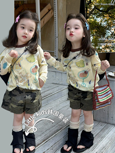 女童防晒衣套装夏装2026女孩涂鸦罩衫薄上衣长袖T恤+迷彩工装短裤