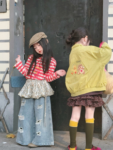 儿童豹纹牛仔裤套装春夏装2026新款韩国女童条纹长袖T恤衫+花边裤