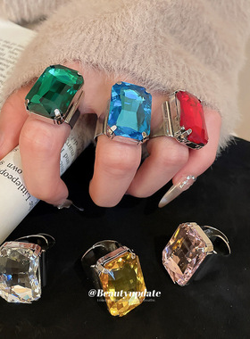 欧美跨境镶钻方形开口戒指个性潮