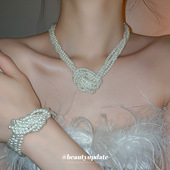 法式 优雅锁骨链轻奢高级感饰品 珍珠串珠三层打结手链项链套装