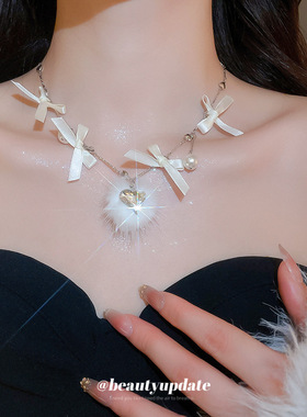 缎带蝴蝶结毛球珍珠项链优雅甜美