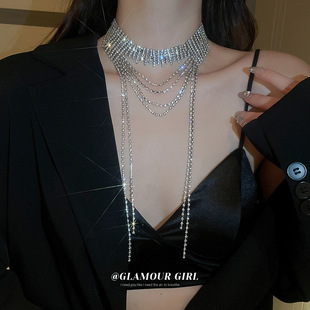 镶钻多层长款流苏颈链欧美个性夸张重工项链气质高级感时尚毛衣链