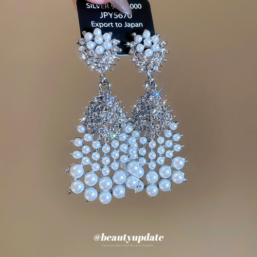 银针镶钻珍珠水滴吊坠耳钉宫廷风