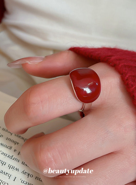 新年红色滴油椭圆形开口戒指小众