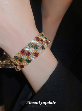 法式复古镶钻三层开口手镯多巴胺