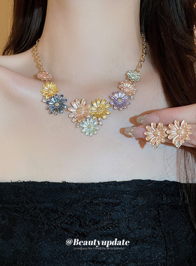 多巴胺花朵镶钻项链套装甜美时尚