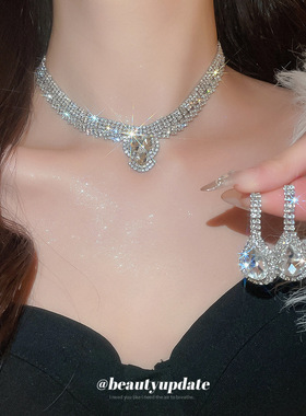 两件套复古镶钻水滴形吊坠毛衣链