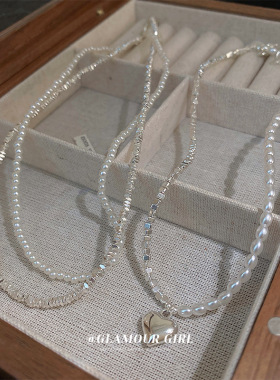 碎银几两国潮复古爱心珍珠拼接项链双层时尚气质锁骨链颈链项饰女