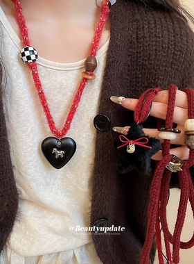 针织绳星星爱心吊坠项链复古轻奢