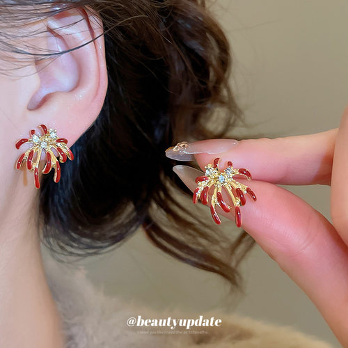 银针镶钻滴油烟花耳钉2025新款小