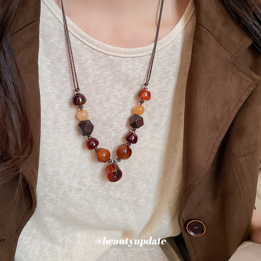 民族风树脂木头串珠项链复古气质轻奢高级感毛衣链设计感小众颈链