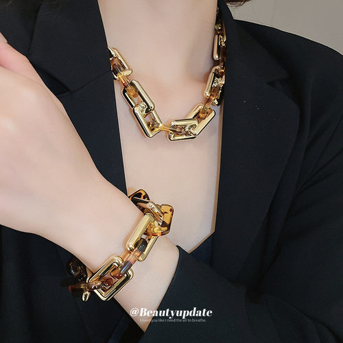 豹纹方形链条环环相扣耳环项链手