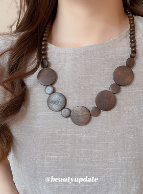 复古木珠串珠几何圆形吊坠项链民