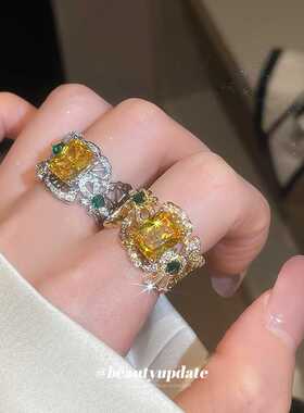 欧美锆石方形开口戒指轻奢高级感指环复古重工晚宴巨吸睛手饰