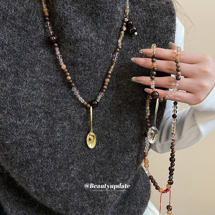 民族风木头串珠勺子吊坠项链美拉德个性时尚毛衣链轻奢高级感项饰