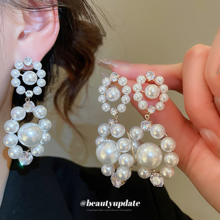 银针镶锆石珍珠圆形吊坠耳环法式复古宫廷风耳钉轻奢高级感耳饰女