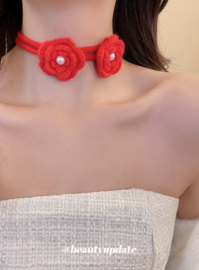 秋冬新款针织花朵吊坠项链温柔优