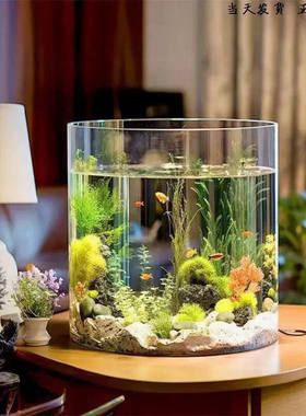 圆柱型鱼缸超白加厚玻璃客厅小型家用水族箱懒人免换水生态金鱼缸