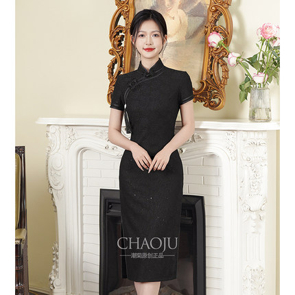 新中式旗袍日常可穿黑色清冷感大码2024新款改良胖mm小个子显高
