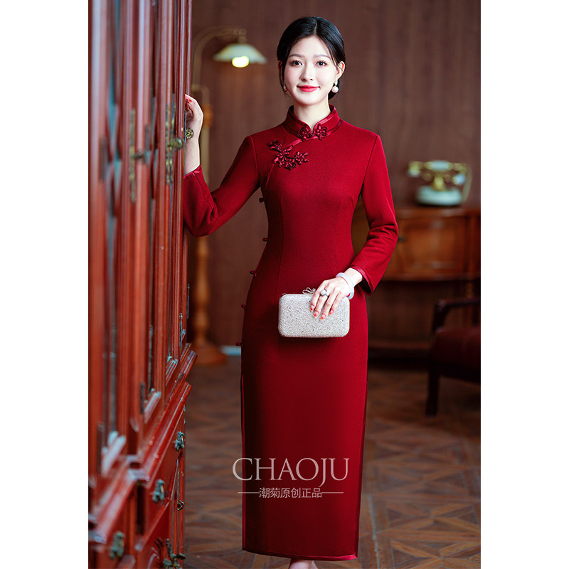 喜婆婆婚宴装2024新款秋冬款酒红色气质高贵婚宴妈妈礼服平时可穿