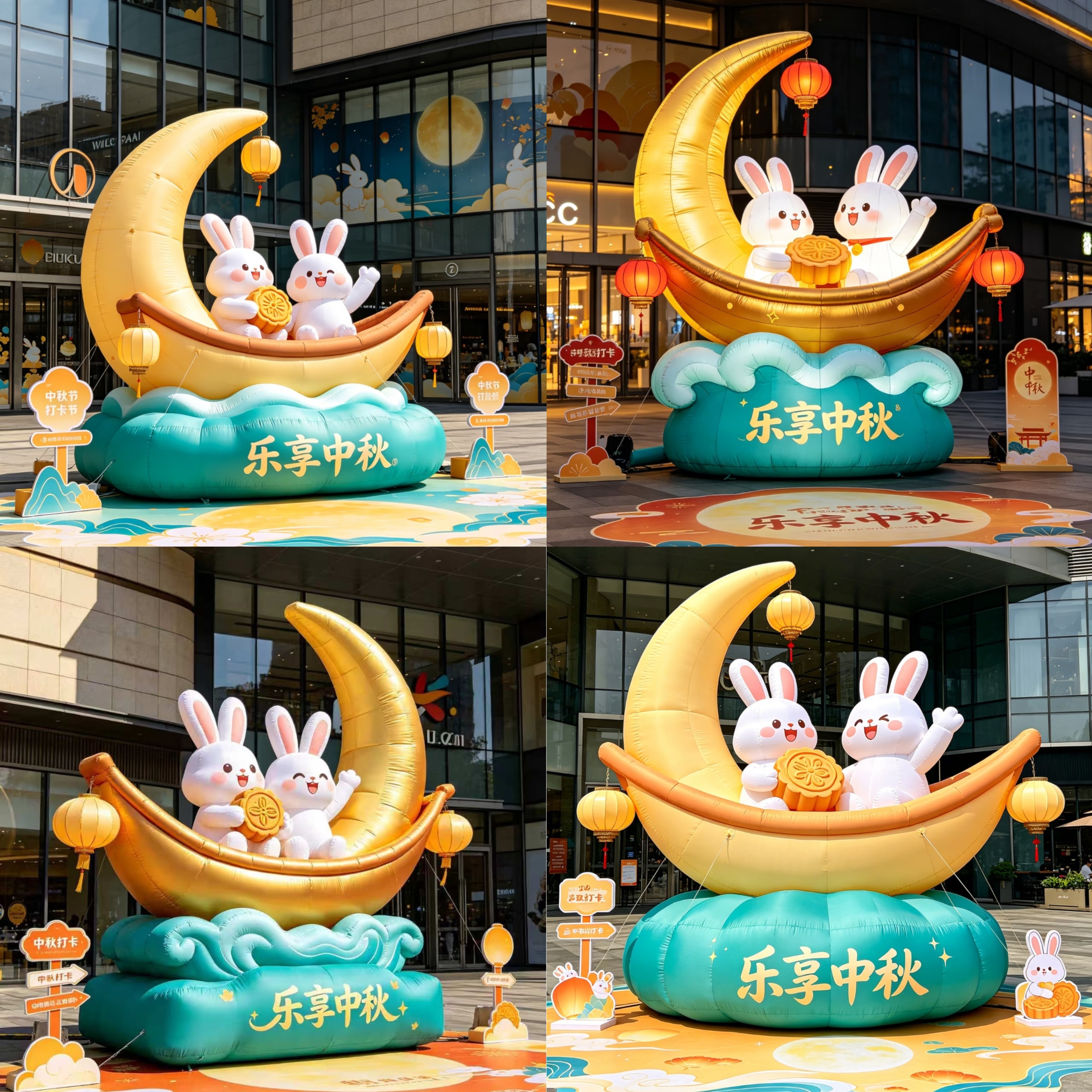 充气月球金弯中秋节网红玉兔月兔抱月饼大型发光月亮美陈装饰气模